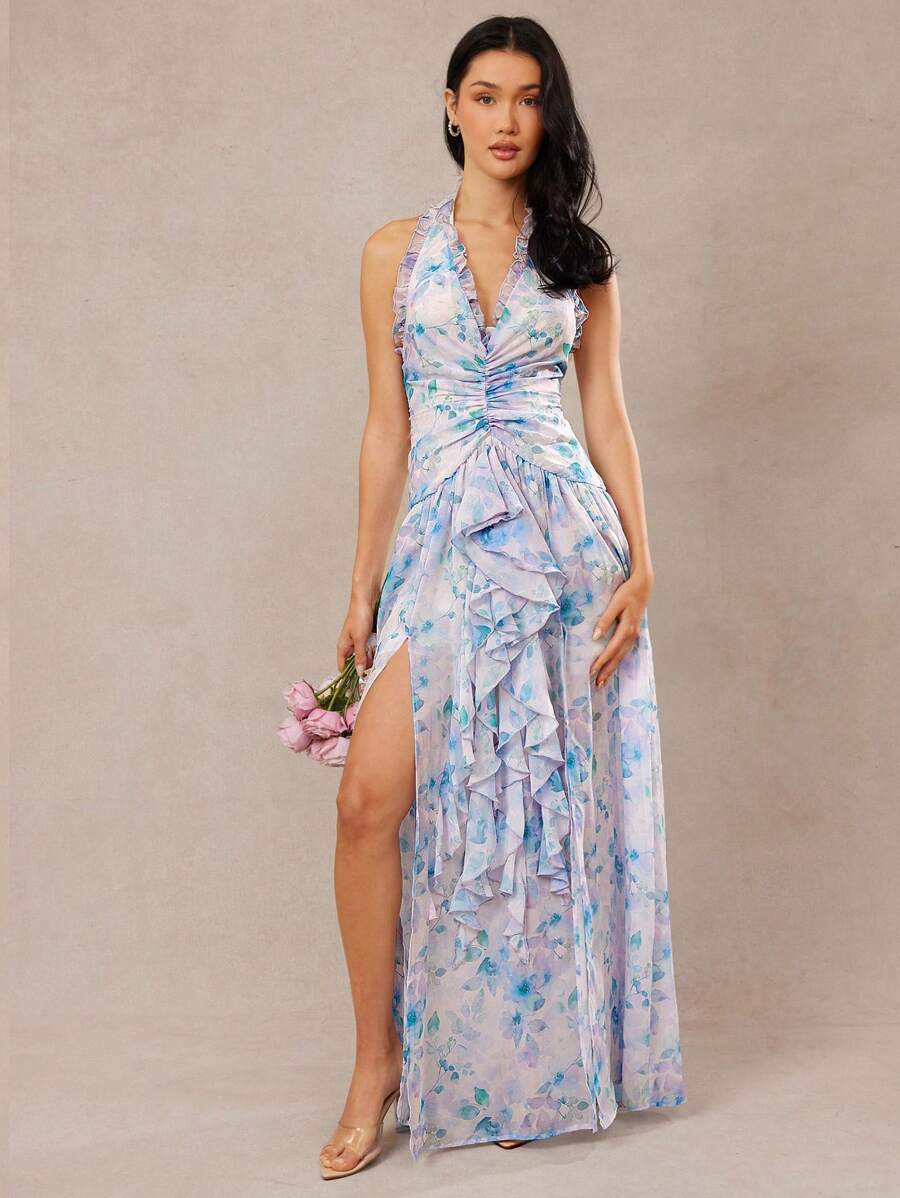 L'Amorae Elegant Floral Print High Slit Halter Backless Dress, Summer - Blue - View 1
