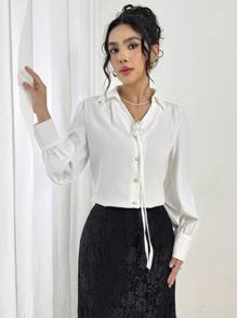 Modelyn Elegant Commuting Solid Color 3D Floral Puff Sleeve Shirt Fall Cloth For Women - White - View 4