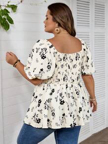 SHEIN CURVE+ Plus Size Women's Casual Printed Bubble Sleeve Waist Tied Shirt, Summer, Short Sleeved Top, Doll Shirt - Multicolor - View 2