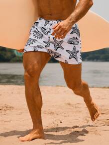 Surfspeed Men's Starfish Print Drawstring Waist Beach Shorts - Black - View 3