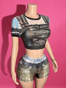 Slaydiva 2025 Summer New Style College Style Back To School Season Birthday Party Student Wear Daily Street Basic Versatile Leisure Vacation Cruise Travel Beach Seaside Sunbathing Popular Online Round Neck Short Sleeve Tight Cut Ladies T-Shirt And Slim Shorts Positioning Printing Summer Suit Ladies Two-Piece Suit