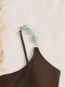 Swim Chiccia 女士夏季海滩音乐节不规则领口串珠闪光系带露背连体泳衣，优雅度假风格 - 棕色 - 查看 6