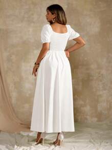 Flirla Plus Size French Romantic Square Neck Bowknot Lantern Sleeve Long Dress, Summer White Maxi Dress White Boho Dress White Square Neck Dress Puff Sleeve White Dress Lace Up White Dress