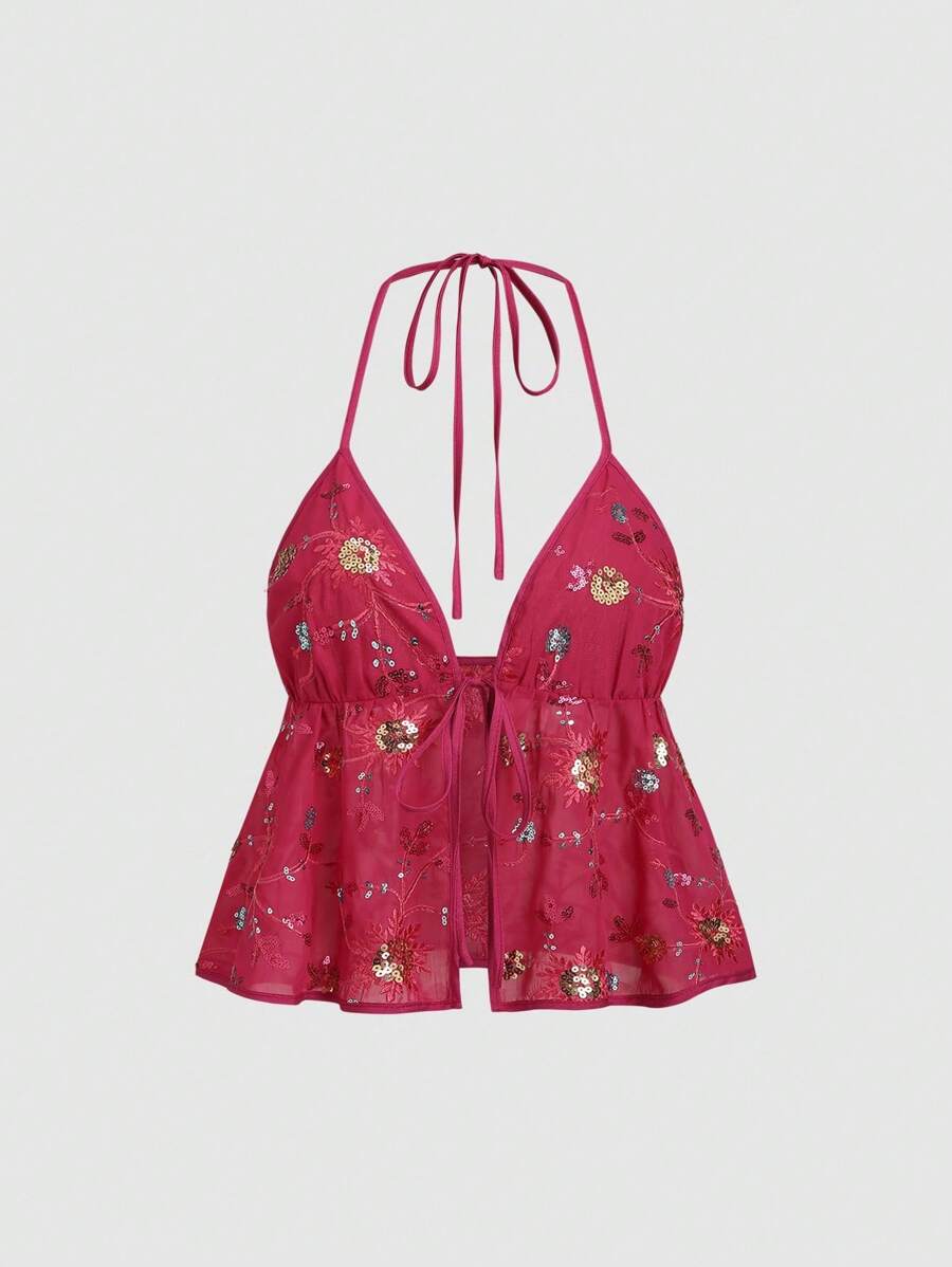 SHEIN Sweetro Áo cổ yếm thắt nơ trang trí thêu hạt cườm mới cho nữ, thiết kế dây buộc có thể điều chỉnh, phù hợp cho mùa xuân và mùa hè - Màu Hồng Tươi - Xem 1