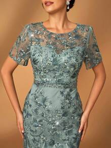 Serin Elegante y lujoso vestido con mangas transparentes, diseño floral bordado con encaje y cuentas de lentejuelas, adecuado para bodas, despedida de soltera, fiestas, banquetes, luna de miel