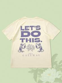 ROMWE MEN The White Lotus Men's Ivory Tee With Lotus Graphic, Suitable For Spring/Summer, Cartoon Style Minimalist Line Art - Khaki - View 1