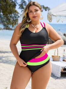 Swim Lushoire 加大码 2 件纯黑色拼布时尚假日和日常穿着分体式比基尼套装，带可调节肩带，凸显身材