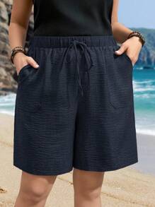 EMERY ROSE 加大码系带前口袋纯色宽松短裤，适合日常休闲装、度假装、波西米亚风