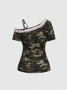 ROMWE J-Fashion Abby Y2K 别致女孩图案印花水钻迷彩斜肩性感T恤 - 彩色 - 查看 2