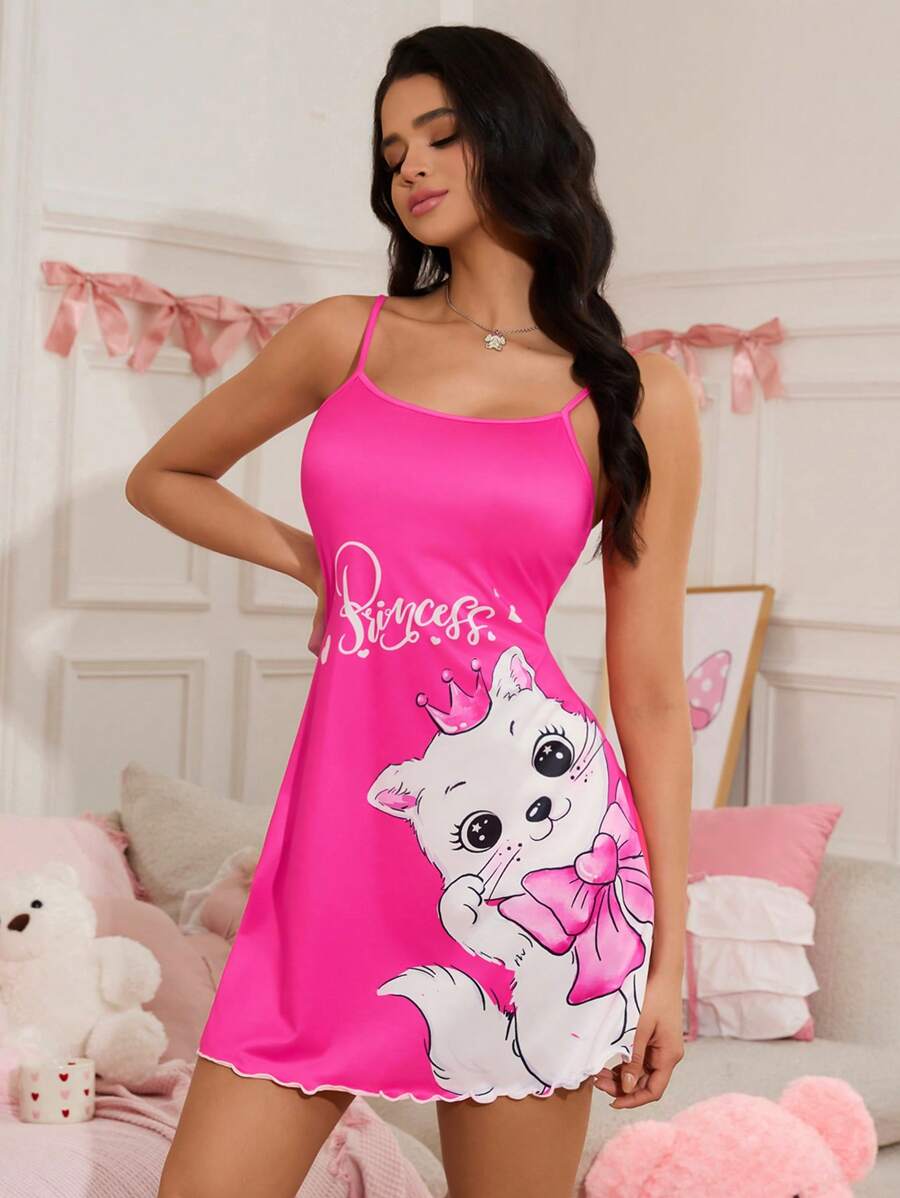 SweetSlumber 甜美 INS 风格可爱猫咪蝴蝶结图案印花女士吊带睡裙 - 彩色 - 查看 1