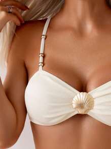 Swim Chiccia Women's Elegant Shell Ribbed Bikini Set, High-End Vacation Outfit For Summer - Beige - View 4