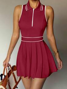 Easithlete Rochie sport fără mâneci cu guler parțial cu fermoar și pliuri în dungi pentru femei