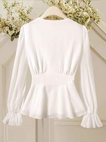 Franclia V 领褶饰前扣衬衫，荷叶边袖口，优雅设计，适合春秋季节 - 白色 - 查看 2