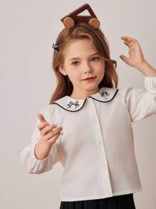 PrepCrw 少女校园风领蝴蝶结印花长袖衬衫 - 黑與白 - 查看 6