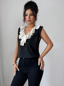 EMERY ROSE Women's French Chic Commuting Contrast Color Ruffle Trim Camisole - Black - View 6