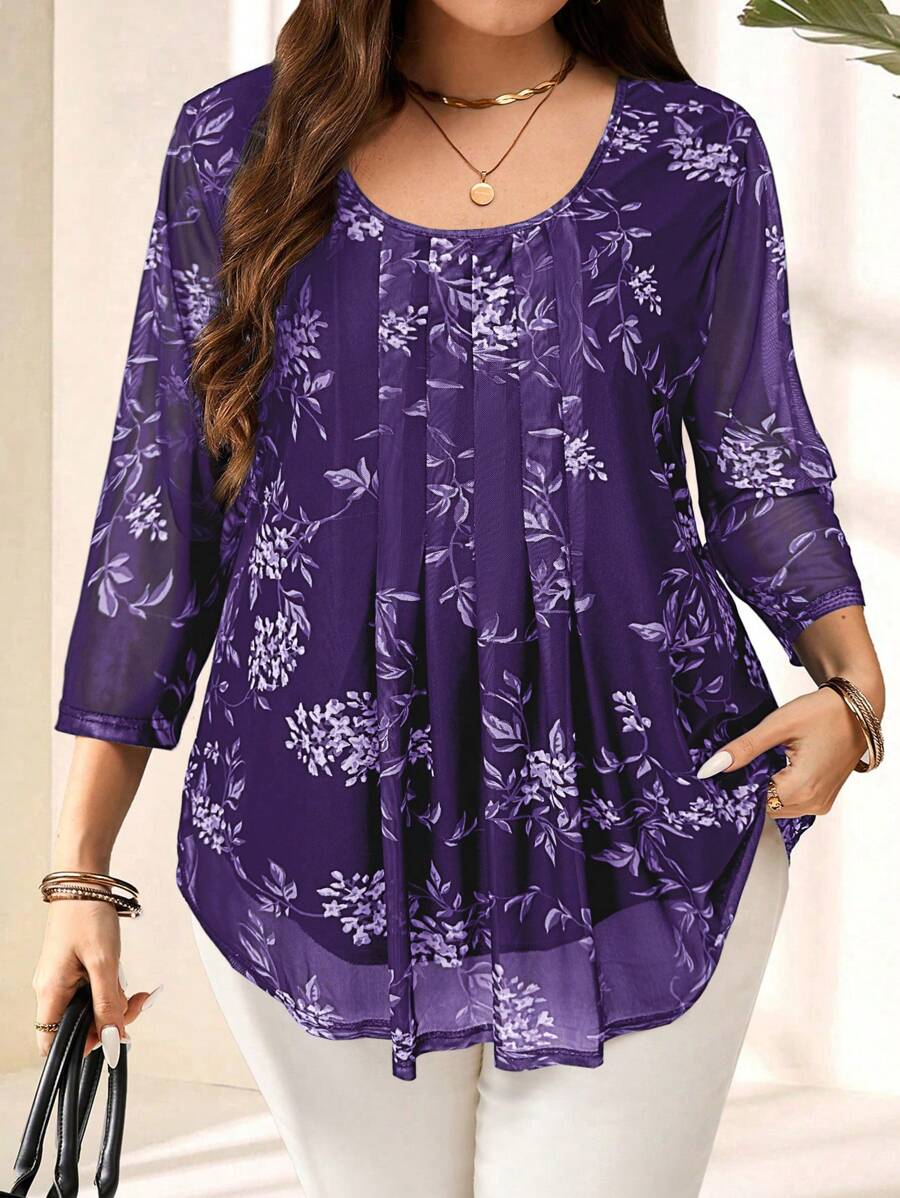 EMERY ROSE Áo cánh tay 3/4 họa tiết hoa cỡ lớn dành cho nữ, mùa hè, ngày lễ, kỳ nghỉ, đơn giản và thời trang để mặc hàng ngày, cảm giác nghỉ lễ, kỳ nghỉ xuân, trang phục thường ngày, bohemia - Màu tím - Xem 1