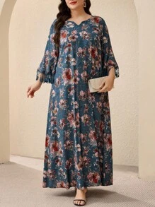 Al Najma 大码女式全身花卉印花流苏装饰阿拉伯连衣裙 - 彩色 - 查看 5