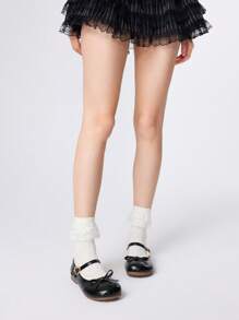 ROMWE Kawaii 女士黑色玛丽珍鞋、包头乐福鞋、蝴蝶结蕾丝洛丽塔芭蕾平底鞋 - 黑色 - 查看 2