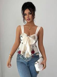 Elenzga 女士刺绣短款上衣，正面饰有蝴蝶结，下摆不对称处有花卉刺绣 - 彩色 - 查看 3