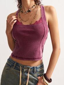 Bohemela Women's Boho Casual Solid Color Knit Contrast Lace Trim Fitted Camisole, Autumn/Winter - Red Violet - View 5