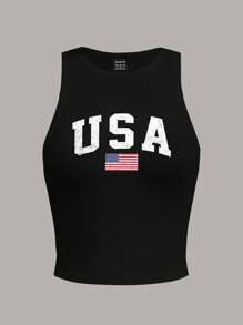 SHEIN EZwear 休閒簡約的美國國旗印花修身女士圓領背心，適合夏季 - 黑色 - 查看 6