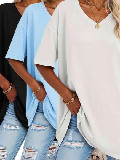 SHEIN LUNE Plus Size Solid Half Sleeve T-Shirt, Casual V Neck T-Shirt For Summer, Women's Plus Size Clothing Graphic Tees Women Tops