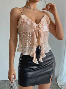 DAZY Women's Fashion Sequin Ruffle Tie Strap Camisole Summer Y2k Sexy Women Tops Festival Outfits New Years Women Outfit Glitter Top Carnival - Pink - View 4