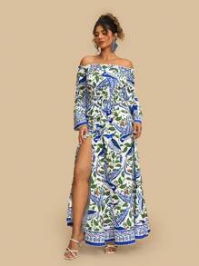 Travachic Plus Size Women's Off Shoulder Tie-Up Floral Print High Slit Maxi Dress, Casual Resort Style Bohemian Vacation Long Dress Vacation Outfits Woman  Vacay Outfits Women Beach Outfits For Women Holiday Outfits  Summer Outfits City Break Outfits Boho Chic Boho Style European Summer Island Vacation Outfits Honeymoon Outfits  Birthday Outfits For Women Old Money Mujer Miami Outfits  Saint-Tropez Outfits Tulum Outfits  South Beach Outfits Santorini Greece Outfits Amalfi Coast Outfits   Ibiza Outfits  Island Girl Plus Brunch Outfits Airport Outfit Club Outfits Women Teacher Outfits For Women Western Clothes For Women Western Wear Women Plus Off Shoulder Dress Long Sleeve Dresses