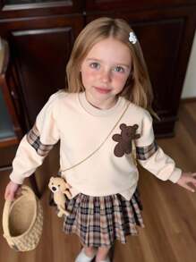 Tween Girl Tartan Cartoon Patched Pullover & Tartan Skirt - Multicolor - View 6