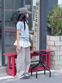 Ținute casual de vară în stil coreean pentru fete preadolescente, tricou cu mânecă scurtă și decorațiuni cu funde + pantaloni largi, set din 2 piese - Gri - Vizualizare 3