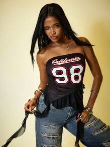 ROMWE Street Life California Street Style Floral & Numeric Print Ruffle Trim Crop Top For Women - Black - View 6