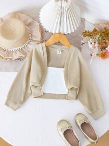 SHEIN 年轻女孩年轻女孩女孩简约设计纯色纹理面料夹克，适合日常通勤和休闲穿着 - 卡其色 - 查看 6