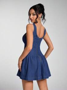 SHEIN Unity 前扣宽下摆无袖牛仔连衣裙 - 中等水洗藍 - 查看 2