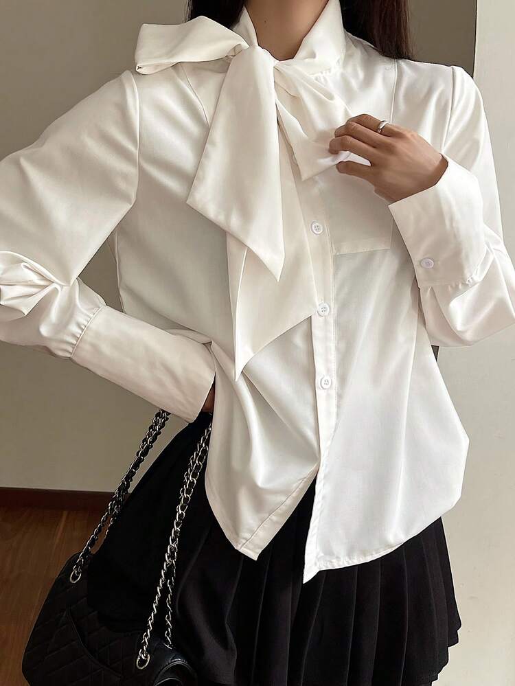 Women's Elegant Solid Color Tie Neck Blouse