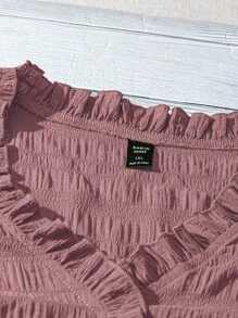 SHEIN LUNE Plus Size Women's Solid Color Textured Fabric V-Neck Ruffle Trim Short Flare Sleeve Fitted Casual Regular Shirt - Dusty Pink - View 5