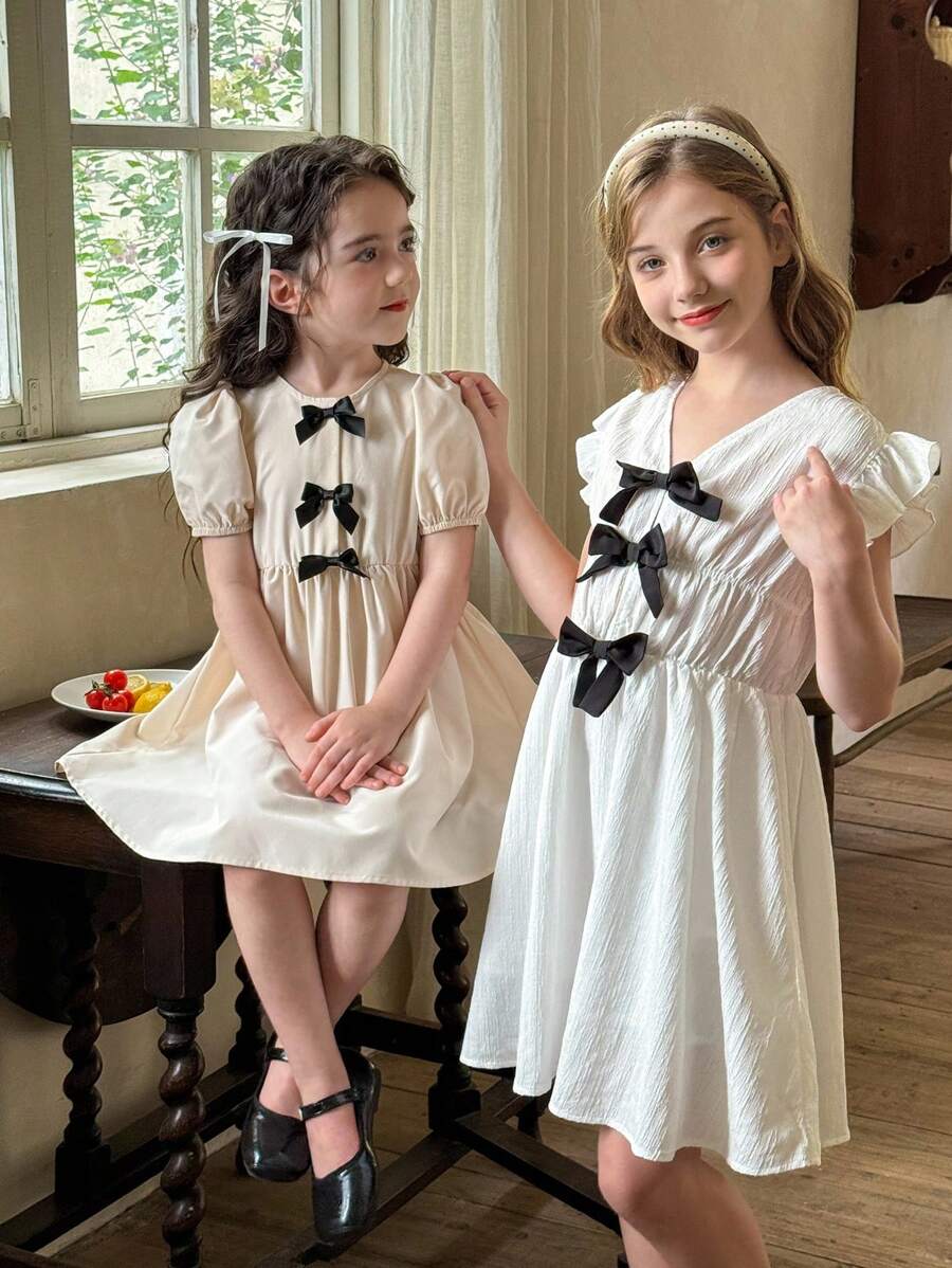 LMoss Kids LMoss Young Girl Woven Solid Color Round Neck Puff Sleeve Fitted Dress - Apricot - View 1
