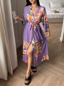 DAZY Floral Print Waist Wrap Front Robe For Women Pajama - Purple - View 3