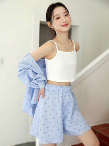 3pcs/Set Teen Girls Striped Floral Print Long Sleeve Shirt, Solid Color Tank Top And Striped Floral Print Shorts, Casual Summer Fashion Outfit - Multicolor - View 2