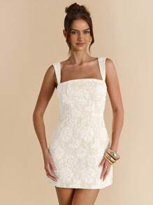 SHEIN BAE Robe mini backless à bretelles avec texture jacquard coupe slim, convient pour les vacances, la plage, les festivals de musique, les anniversaires, les brunchs, les invités de mariage, printemps/été - Nude - Voir 5