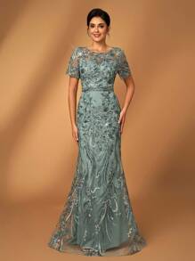 Serin Elegante y lujoso vestido con mangas transparentes, diseño floral bordado con encaje y cuentas de lentejuelas, adecuado para bodas, despedida de soltera, fiestas, banquetes, luna de miel