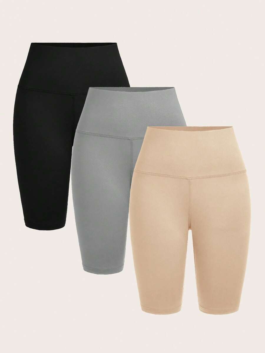 Slaydiva 3pcs Set Women High Waist Solid Color Versatile Cropped Leggings/Cycling Shorts, Suitable For Summer Women's Sportswear - Multicolor - View 1