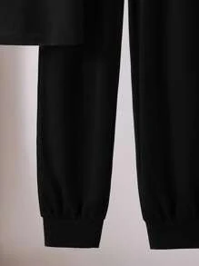 SHEIN 2 件青少年女孩简约字母图案圆领短袖 T 恤和裤子针织休闲睡衣套装女士睡衣套装女士休闲套装女士家居服套装女士两件套女士睡衣套装 - 黑色 - 查看 5