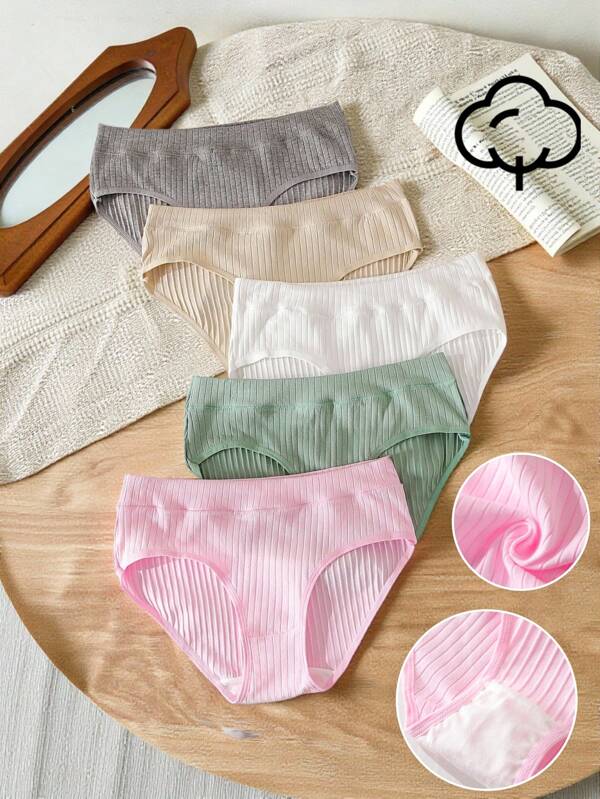5pcs/Pack Teen Girl/Kid Soft Ribbed Cotton Casual Simple Solid Color Triangular Panties Cotton Underwear For  Teen Girls,Striped Texture Fabric