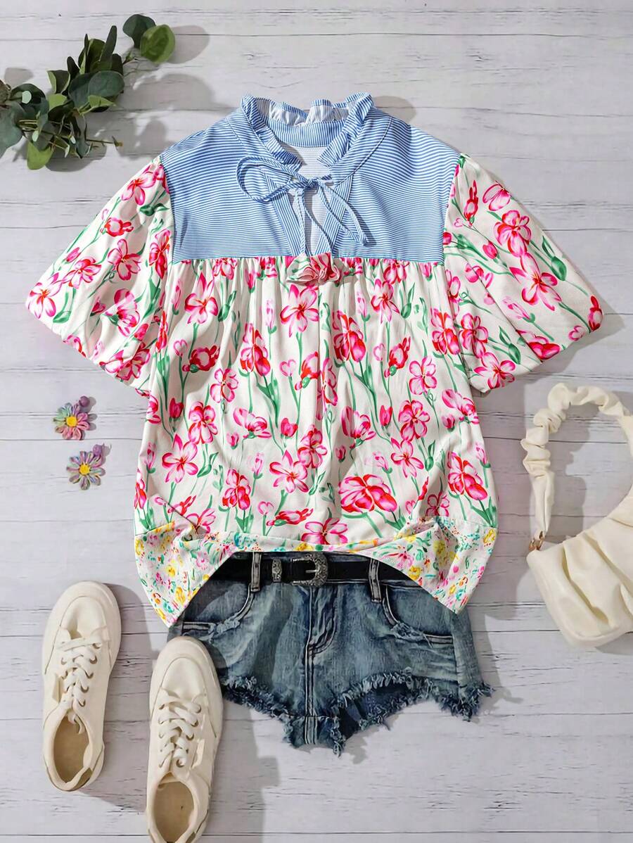 SHEIN LUNE Plus Size Women's Summer Blue And White Striped Patchwork Floral Print Pattern Lace Collar Blouse Women Summer Clothes - Multicolor - View 1