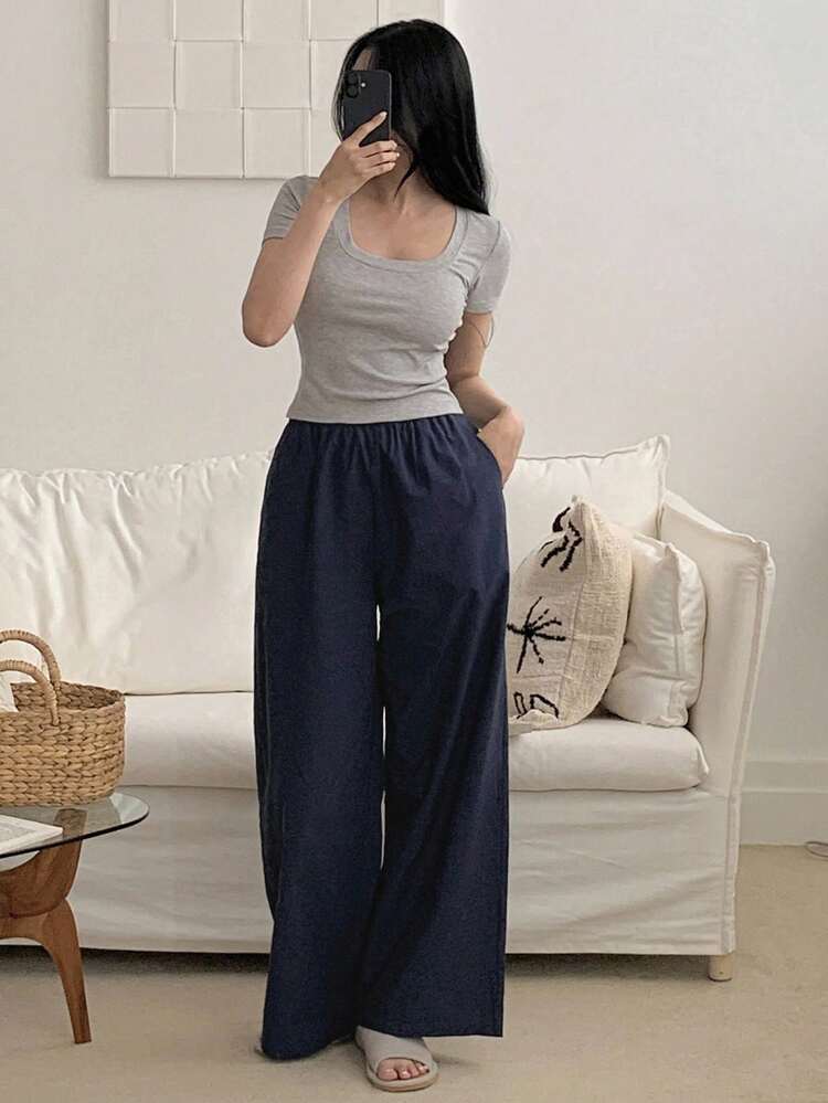 2pcs/Set Women Square Neck Fitted Short Sleeve T-Shirt And Loose Straight Long Pants Pajama Set, Summer