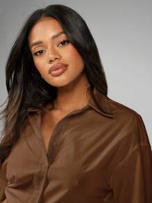 MISSGUIDED 长袖纽扣衬衫超大修身经典商务专业办公室工作秋冬定制工作服衬衫 - 摩卡棕 - 查看 4