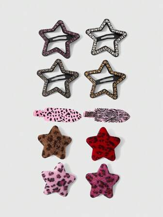 Anime 10 piezas Pinza de pelo de calidad superior con diamantes de imitación, diseño de estampado de leopardo y estrellas, pinzas de cocodrilo multicolor con estampado animal vistoso, accesorios de moda versátiles para uso diario y fiestas