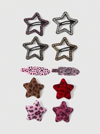 Anime 10 piezas Pinza de pelo de calidad superior con diamantes de imitación, diseño de estampado de leopardo y estrellas, pinzas de cocodrilo multicolor con estampado animal vistoso, accesorios de moda versátiles para uso diario y fiestas