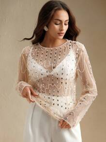 Anewsta Damen neue Mode Resort Stil Langarm Bluse mit Stickerei & Pailletten, elegante Party Bluse