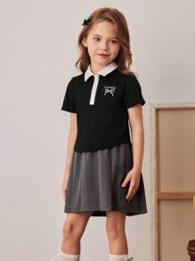 PrepCrw Young Girls Preppy Colorblock Polo Collar Short Sleeve T-Shirt And Pleated Mini Skirt Set,School Uniform,Summer,Career Day,Back-To-School - Multicolor - View 5
